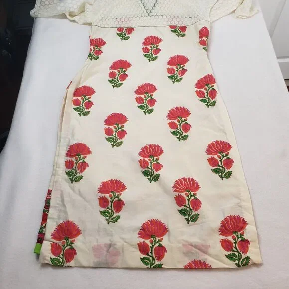 Womens Cream Kurta Top Large Lace Floral Embroidered Bohemian Straight Tunic - Picture 14 of 16